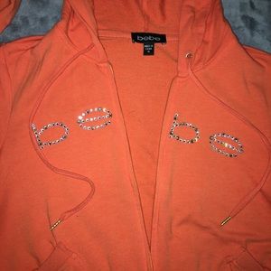 Bebe Orange Zip up Sweater Hoodie with Rhinestones